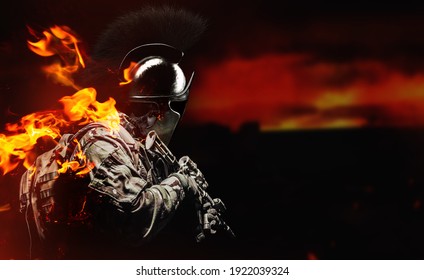 Photo of soldier in camouflaged uniform and tactical gloves holding assault rifle in spartan helmet, profile view.