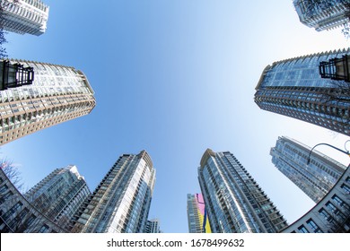 A Photo Of Some High Rises In Vancouver Taken Using A Fisheye Lens.   Vancouver BC Canada
