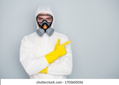 Photo Of Specialist Disinfectant Clean Public Places Show Pandemic Rules Highly Recommend Citizens Stay Home Social Isolation Wear Hazmat Protective Suit Isolated Grey Color Background