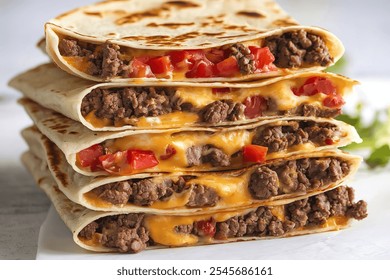 A photo of a stack of folded tortilla wraps filled with melted cheese, groundbeef, and diced tomatoes