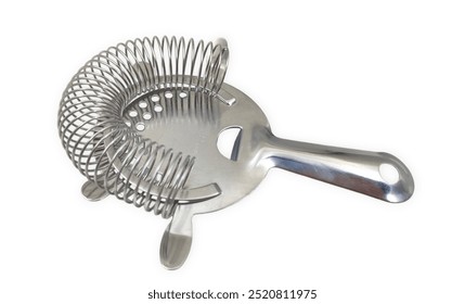 Photo of a stainless steel hawthorne strainer, a common bar tool used for filtering ice and other ingredients when pouring cocktails, isolated on white background.
