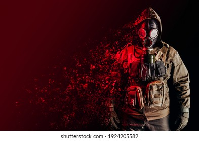 Photo of a stalker soldier in soviet gas mask, jacket and armored vest standing and dissolving with red highlights on one side.
