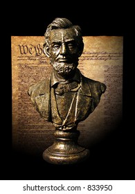 A Photo Of A Statue Of Abraham Lincoln With Historical Documents In The Background