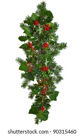 Photo Of A Straight Christmas Garland With Holly, Red Berries, Ivy And Spruce. Isolated On A White Background.