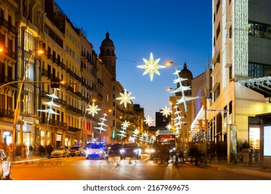 Photo Of Streets Of Barcelona In Evening During Christmas Time.