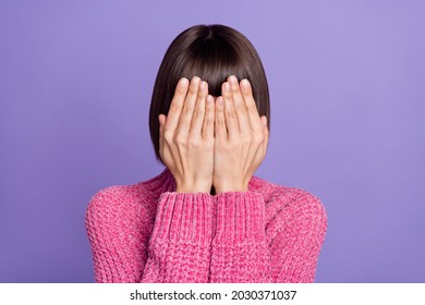 Photo Of Stressed Depressed Negative Mood Girl Cover Close Face Frightened Isolated On Violet Color Background