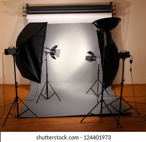 photo studio with lighting equipment - Shutterstock ID 124401973