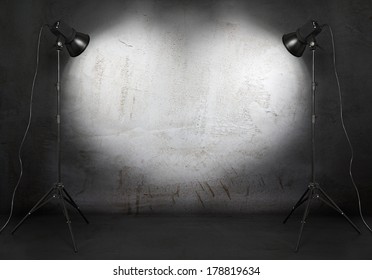 Photo Studio In Old Grunge Room With Concrete Wall, Urban Background 