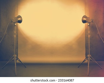 Photo Studio In Old Grunge Room With Concrete Wall And Paper Background, Retro Filtered, Instagram Style