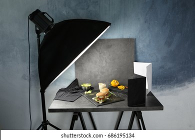 Photo Studio With Professional Lighting Equipment During Shooting Food