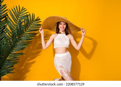 Photo of stunning pretty girl dressed knitted look hands arms sunhat enjoy tropical vacation isolated yellow color background - Powered by Shutterstock