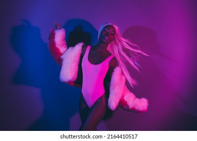 Photo Of Stunning Skinny Lady Dancing At Private Bachelor Party Isolated Over Glowing Vivid Pink Background