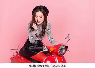 Photo Of Stylish Trendy Europena Lady Sit Motor Bike Transport Vehicle Use Lip Gloss Stick Isolated Pastel Color Background