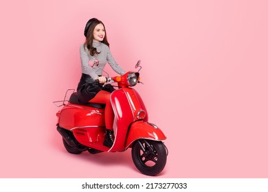 Photo Of Stylish Trendy Fashionista Lady Ride Motor Cycle Route Fashion Week Sale Isolated Pastel Color Background