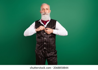Photo of successful rich playboy dress himself luxury outfit wear striped waistcoat on green color background