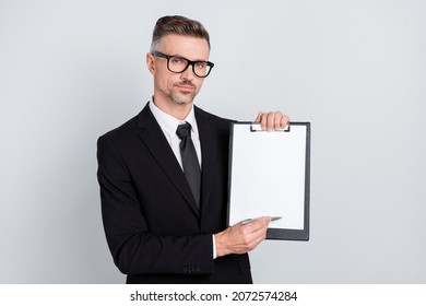 Photo of successful smart leader banker guy hold clip board point pen paper signing partners isolated over grey color background - Powered by Shutterstock