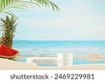 Photo of the summer seaside with frontal angle, coconut leaves and tropical fruits like pineapple and watermelon decorated in the left corner, in center of the beach has two showcase podiums