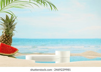 Photo of the summer seaside with frontal angle, coconut leaves and tropical fruits like pineapple and watermelon decorated in the left corner, in center of the beach has two showcase podiums - Powered by Shutterstock