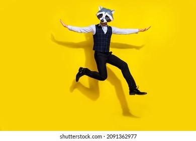 Photo of surreal absurd authentic guy racoon mask jump fly arms isolated over yellow bright color background - Shutterstock ID 2091362977