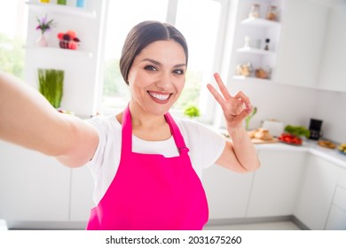 Photo of sweet brunette young lady do selfie show v-sign wear apron cook salad from home at table kitchen