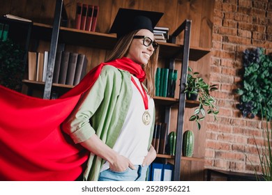 Photo of sweet charming school girl wear shirt glasses mortarboard finishing studying indoors auditorium - Powered by Shutterstock