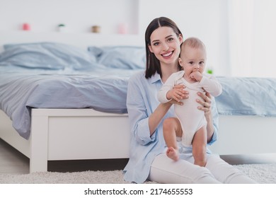 Photo Of Sweet Charming Small Baby Mom Wear Blue Shirt Teaching Walking Smiling Indoors Home Room