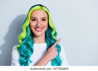 Photo of sweet cheerful vivid ombre hair lady wear t-shirt pointing empty space isolated white color background - Shutterstock ID 2177810859