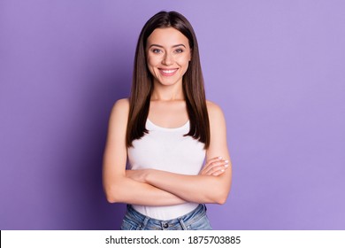 Photo of sweet lovely young woman wear casual white outfit arms hands folded isolated violet color background - Powered by Shutterstock