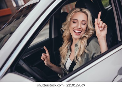 Photo Of Sweet Pretty Lady Driver Ride Auto Outside Town Listen Sound System Dynamic Stereo Volume Melody Dance