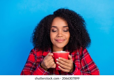 Photo of sweet rest millennial lady drink coffee wear red checkered pajama isolated on blue color background - Powered by Shutterstock