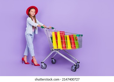 Photo Of Sweet Shiny Little School Girl Wear Denim Shirt Mother Shoes Walking Shopping Tray Isolated Purple Color Background