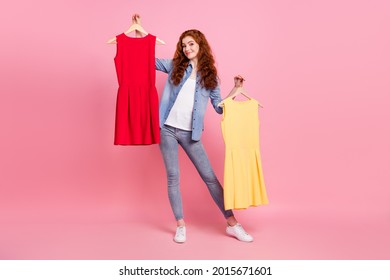 Photo Of Sweet Shiny Young Lady Dressed Jeans Shirt Smiling Holding Two Dresses Isolated Pink Color Background