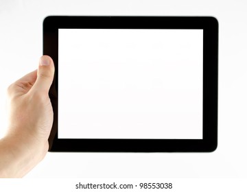 Photo Of A Tablet Held By A Hand Isolated On White Background