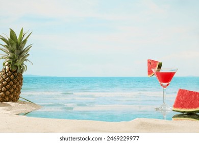 The photo was taken against a background of light sky and blue sea for summer pics design. On the beach side, watermelon and pineapple decorated on both sides, space in center for product displaying - Powered by Shutterstock