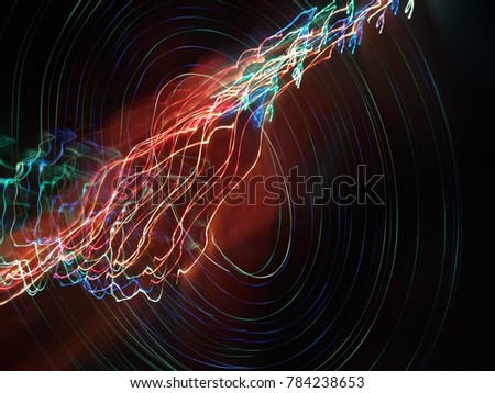 A photo taken by the camera in free flight, Bright colored lines and figures on black. Flyfly. Camera toss image