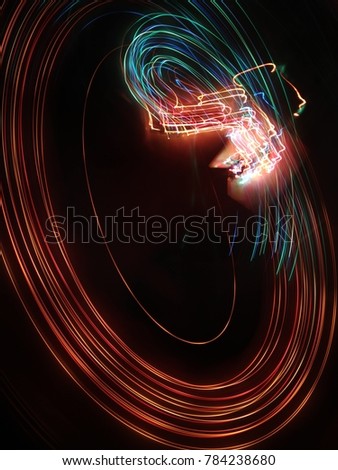 A photo taken by the camera in free flight, Bright colored lines and figures on black. Flyfly. Camera toss image