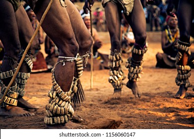 The photo was taken during the Kuru Dance Festival in Botswana, Africa, I group of men performing their traditional dance.  - Shutterstock ID 1156060147