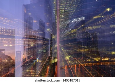 The photo was taken at a long exposure with changing focal length.Abstraction, blurred background, discern the outlines of neboskrebov. - Shutterstock ID 1405187015