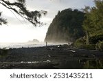 Photo taken from a Sony A6400 of a secluded beach on the Big Island, Hawaii during the early morning with a small fog from the wave crashing. 