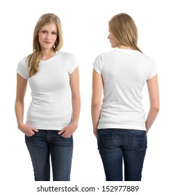 Photo of a teenage female in with long blond hair posing with a blank white shirt.  Front and back views ready for your artwork or designs.