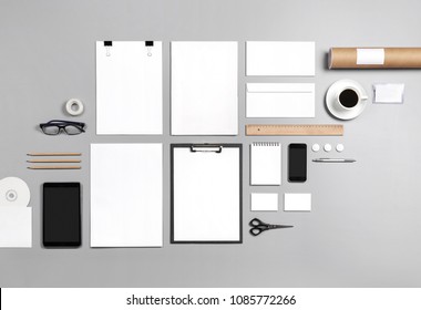 Photo. Template for branding identity. For graphic designers presentations and portfolios. Identity Mock-up isolated on gray background. Big identity set mock-up. Photo mock up.