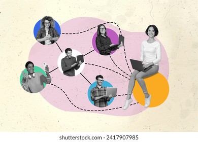 Photo template collage of virtual meeting webinar session young people working students communicating isolated on beige color background