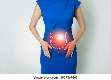 Photo template of unrecognizable woman representing graphic visualisation of bladder organ highlighted red. Detox and digestive system health concept. Photo linear handrawn illustration.