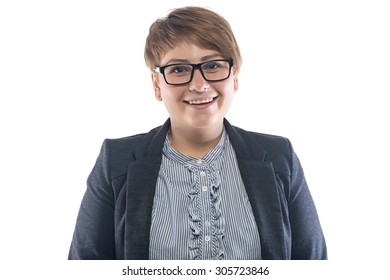 Photo Of Thick Smiling Woman In Glasses On White Background