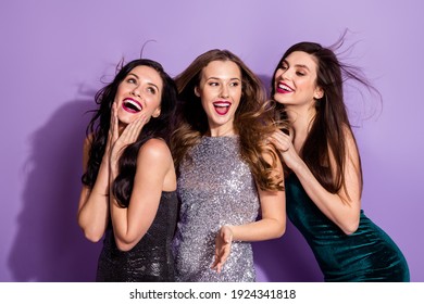 Photo of three crazy excited ladies dance open mouth wear dresses isolated violet color background
