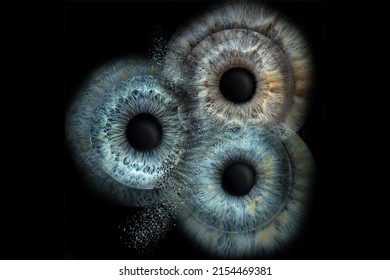 photo of three eyes taken in macro mode, different persons, same color and simulating collision