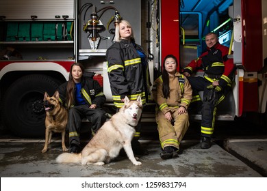 Photo Of Three Firewomen,fireman And Dog On Background Of Fire Truck