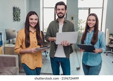 Photo of three successful smart employee use gadgets organization seminar office workstation indoors - Shutterstock ID 2196724499