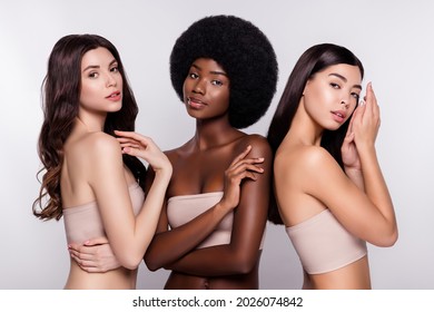 Photo of three young woman cosmetology procedure beauty pure soft skin isolated over grey color background