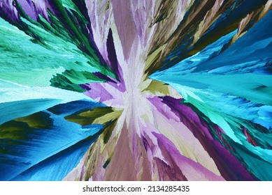 Photo Through A Microscope Of Crystals Growing From The Melt Of Ammonia Alum. Polarized Light Technology. Abstract Art Wallpaper. Background For Design.